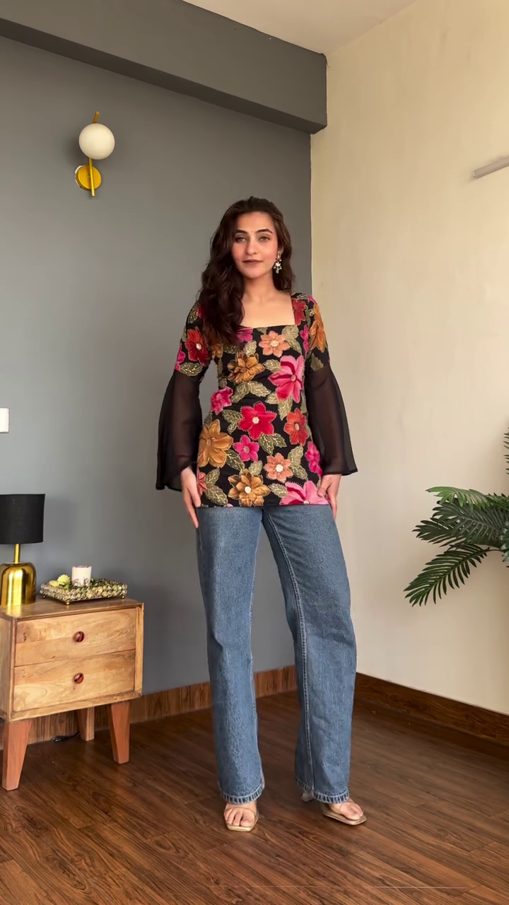 Midnight Bloom Floral Top 🖤🌸 | Statement Sheer Sleeve Party & Casual Chic Wear