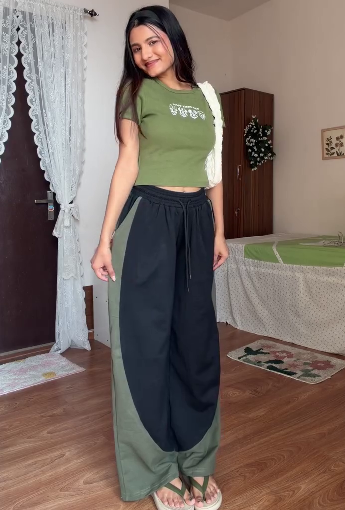 Urban Olive Lounge Co-Ord Set 💚✨ | Casual Chic Crop Tee & Wide-Leg Pants