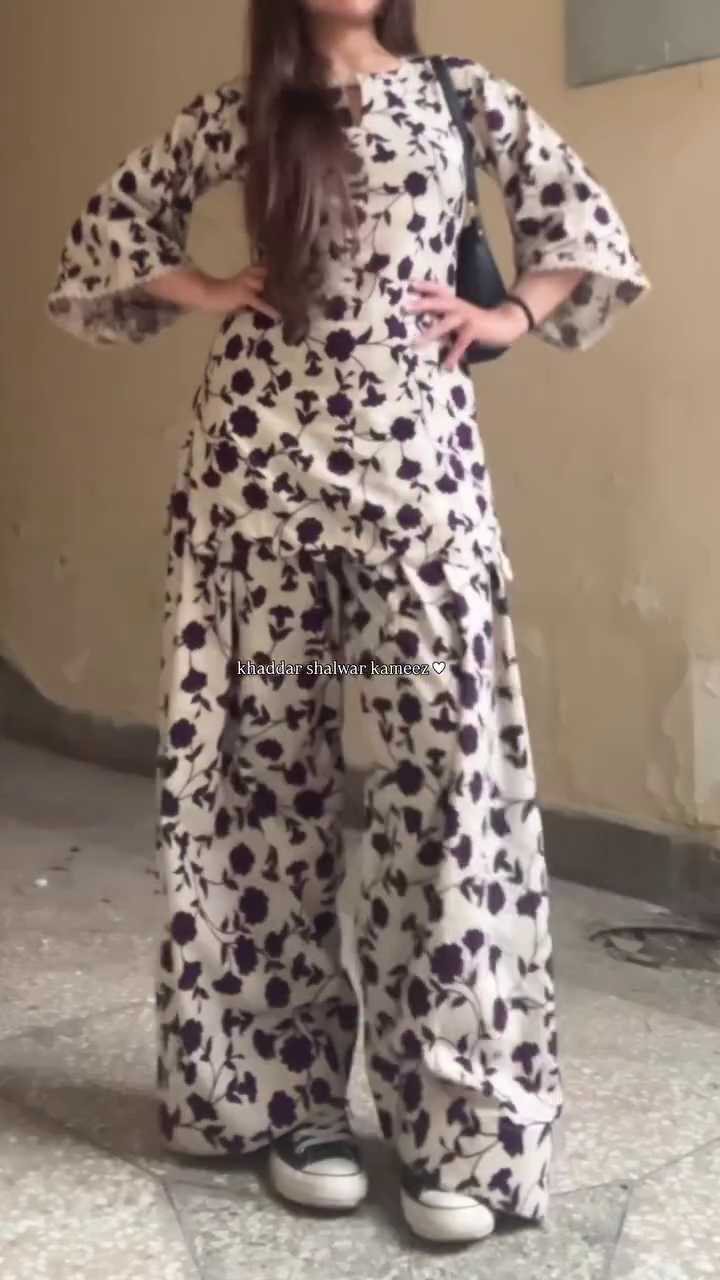 Ivory Bloom Khaddar Co-Ord Set 🤍🌸 | Printed Kurti & Flowy Palazzo Set