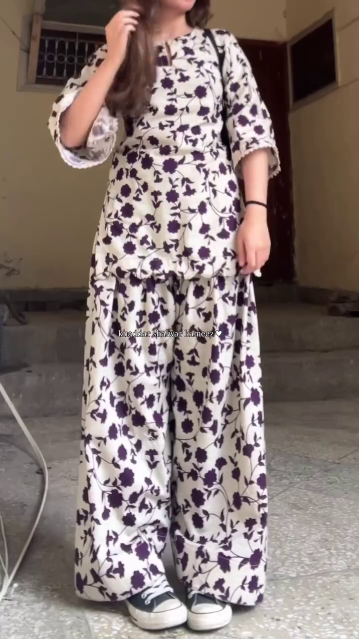 Ivory Bloom Khaddar Co-Ord Set 🤍🌸 | Printed Kurti & Flowy Palazzo Set