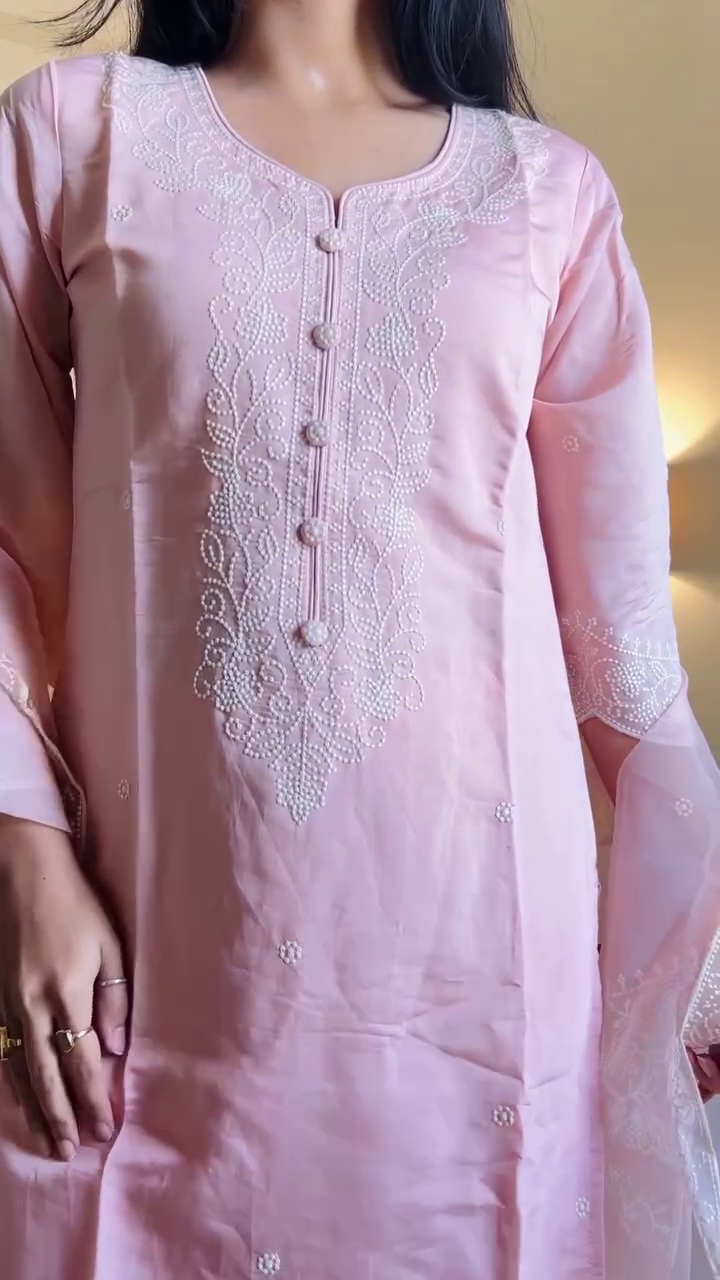 Blush Grace Embroidered Suit Set 🌸💖 | Elegant Pastel Kurta with Lace Dupatta