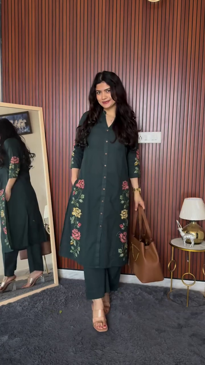 Sage Elegance Kurta Set 🌿🤎 | Minimal Chic Co-Ord with Subtle Floral Accents