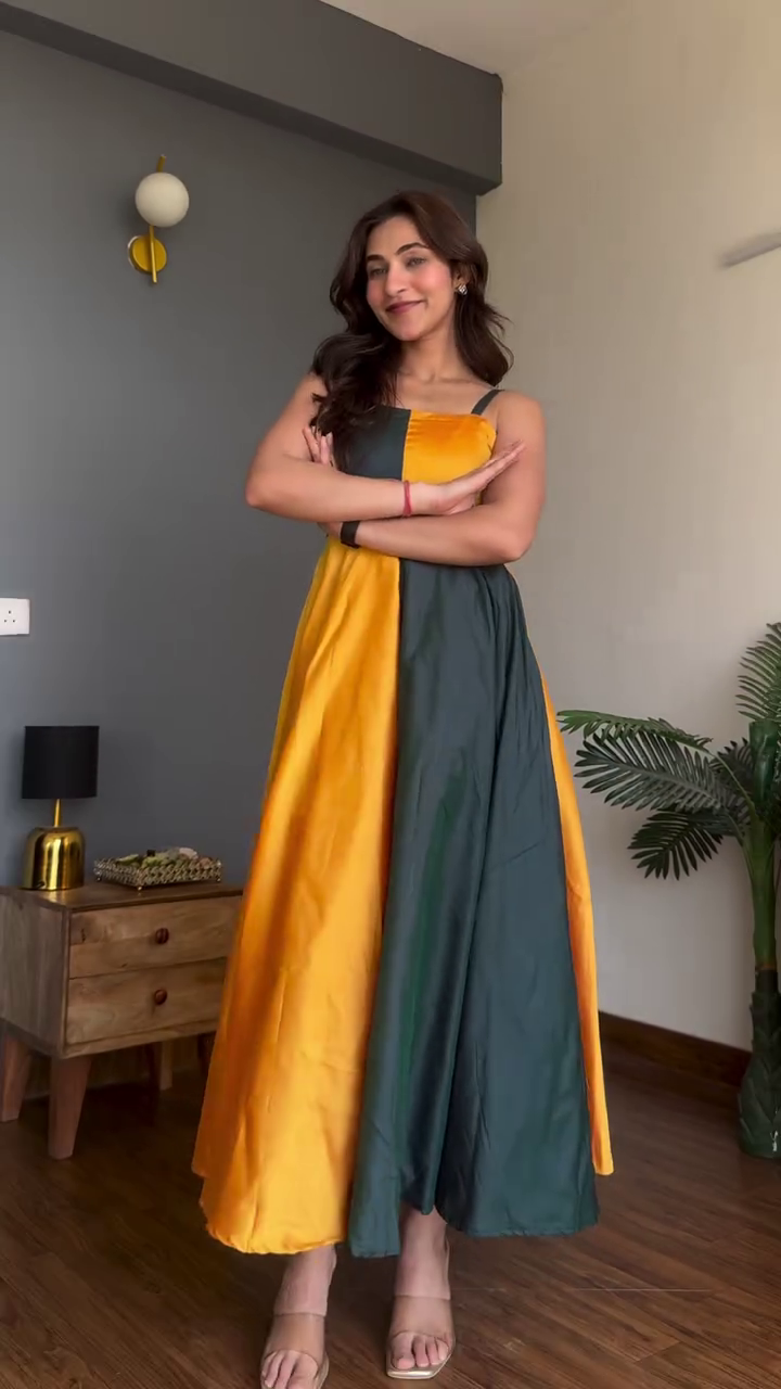 Sunset Dual-Tone Maxi Dress 💛💚 | Bold Colorblock Flowing Statement Dress