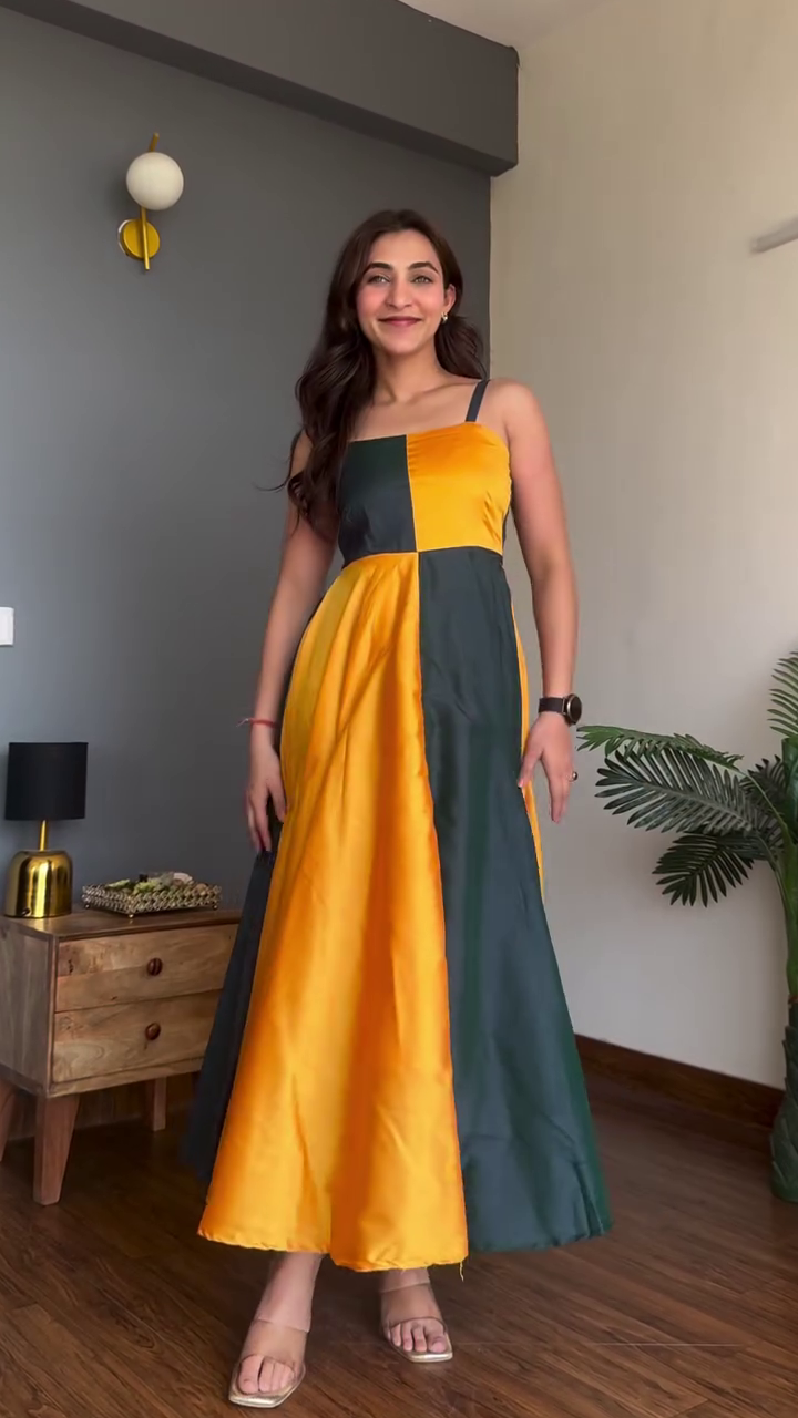Sunset Dual-Tone Maxi Dress 💛💚 | Bold Colorblock Flowing Statement Dress