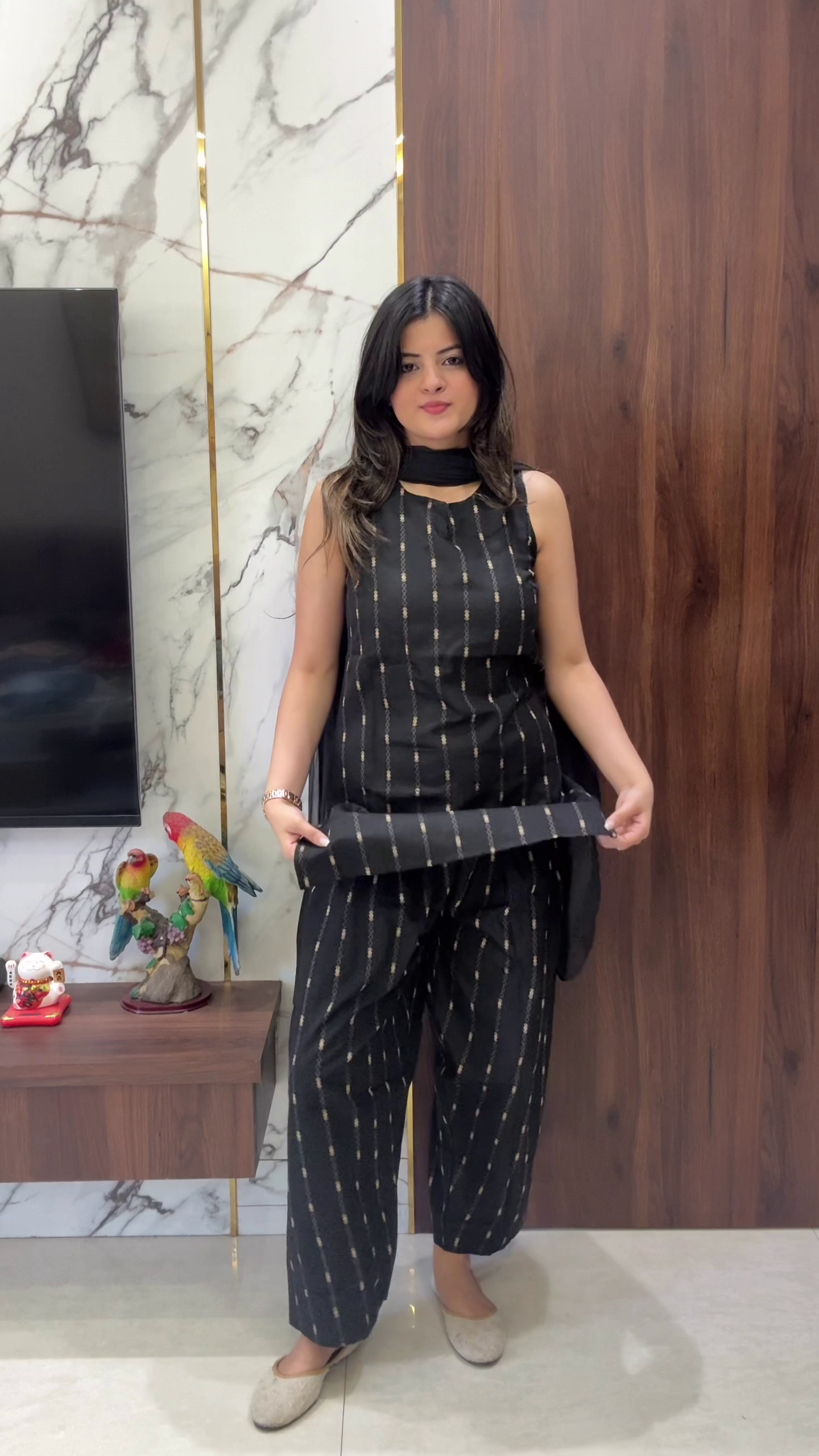 Midnight Elegance Coord Set 🖤✨ | Striped Chic Kurta & Palazzo Set with Dupatta