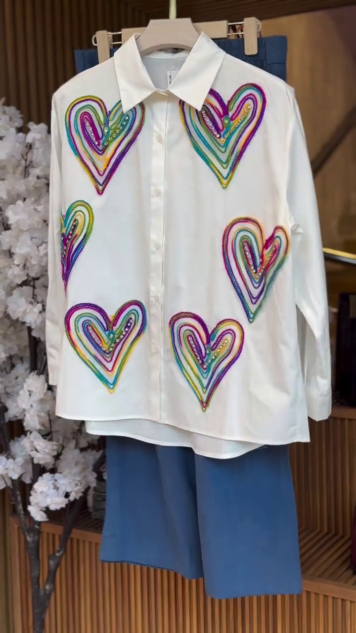 “Rainbow Heart Bliss Shirt 🌈💖 | Playful Statement Button-Down Top”