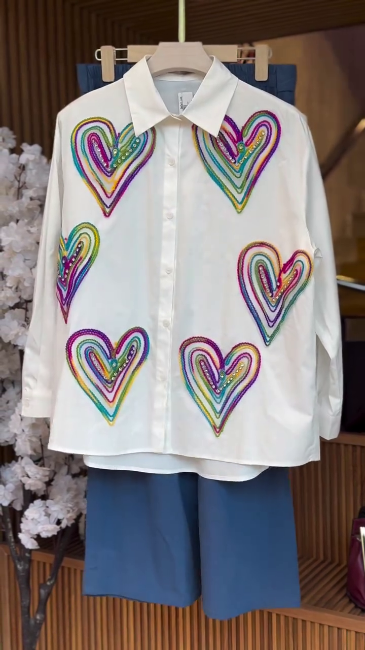 “Rainbow Heart Bliss Shirt 🌈💖 | Playful Statement Button-Down Top”