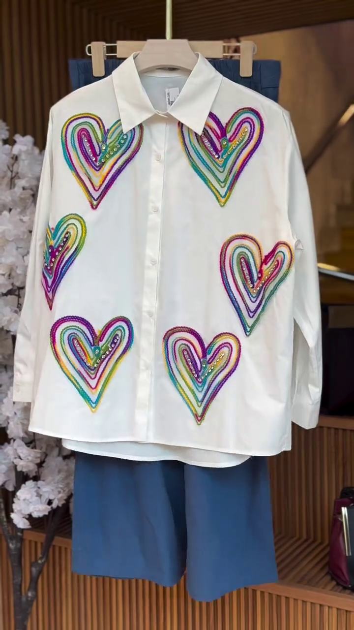 “Rainbow Heart Bliss Shirt 🌈💖 | Playful Statement Button-Down Top”