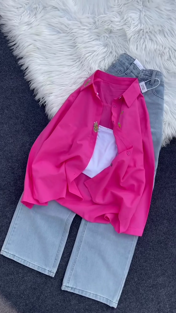 “Barbie Pop Casual Set 💖✨ | Hot Pink Shirt with Denim Chic Combo”