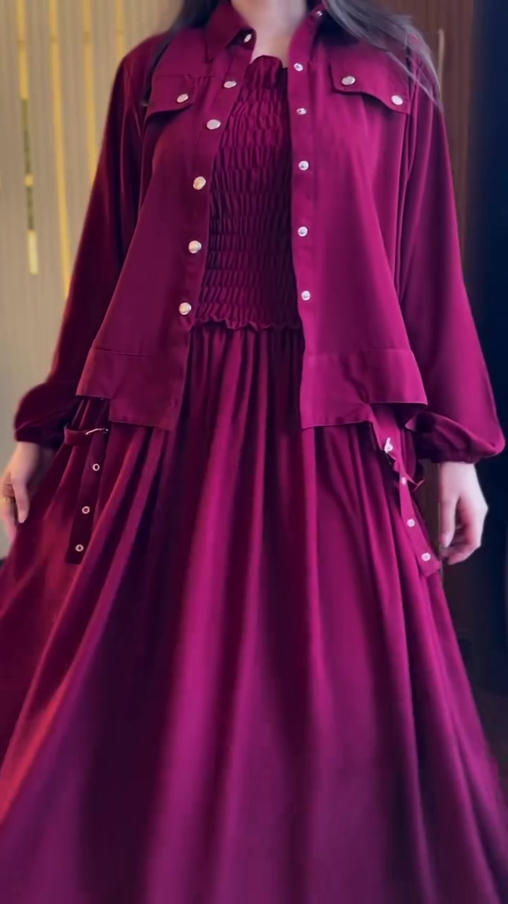 “Ruby Romance Layered Dress Set ❤️✨ | Elegant Shirt Jacket & Flowy Dress Combo”