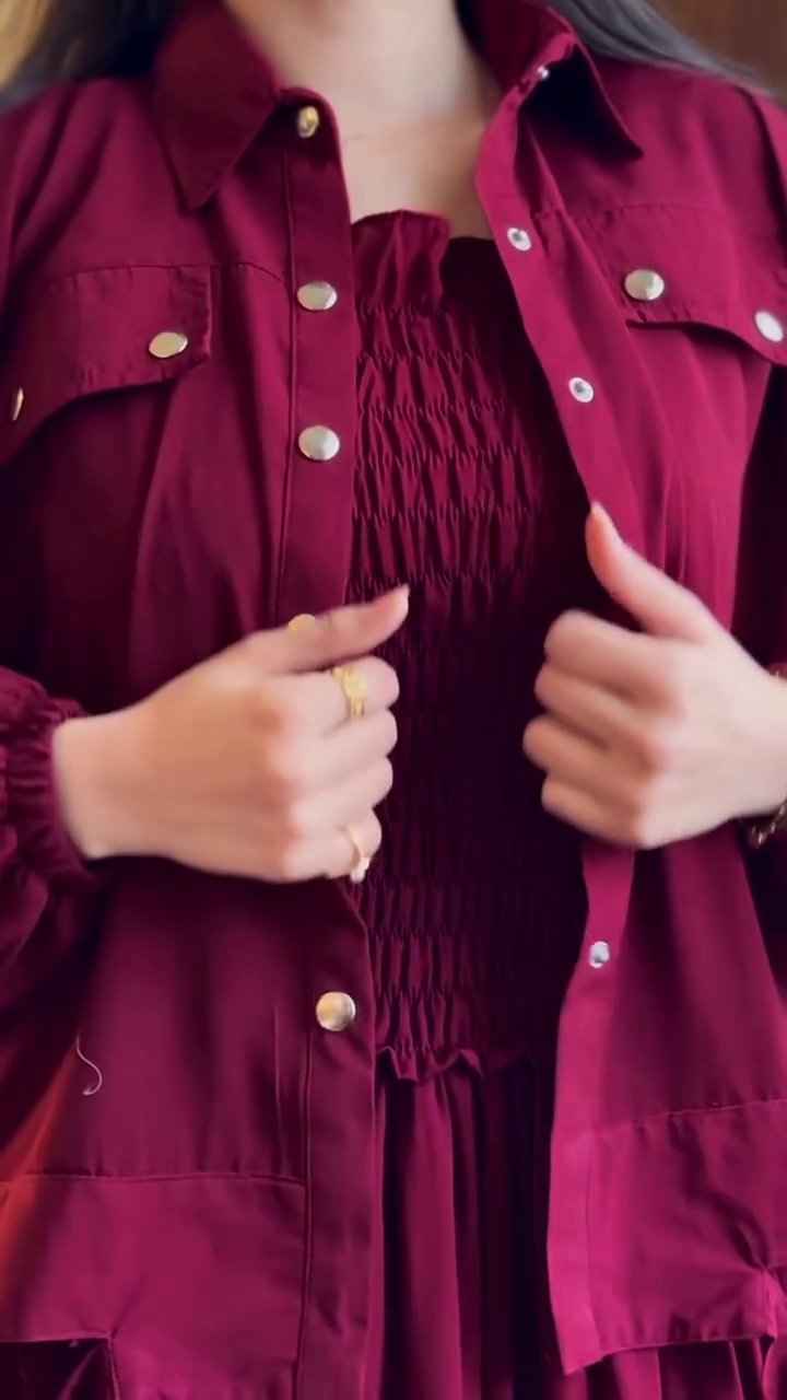 “Ruby Romance Layered Dress Set ❤️✨ | Elegant Shirt Jacket & Flowy Dress Combo”