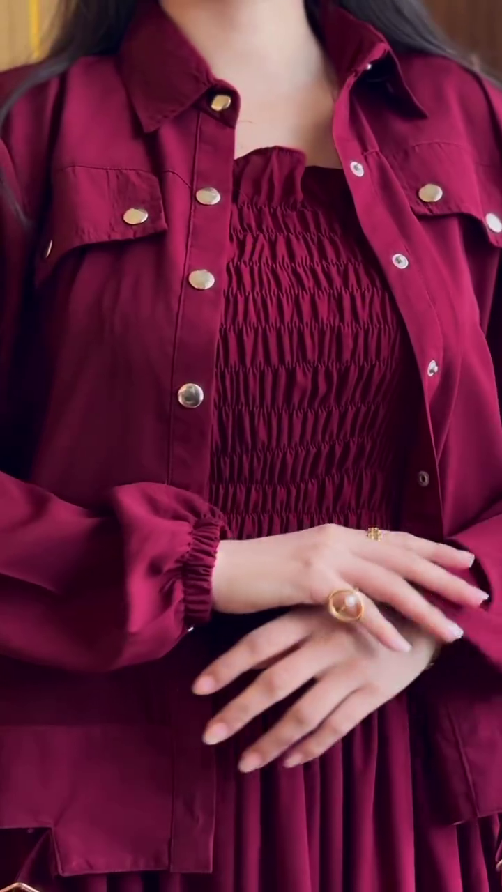 “Ruby Romance Layered Dress Set ❤️✨ | Elegant Shirt Jacket & Flowy Dress Combo”