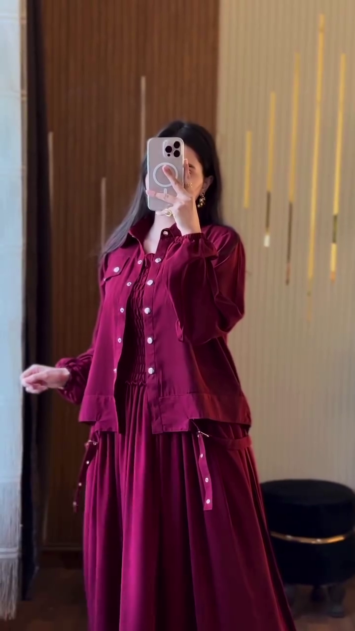 “Ruby Romance Layered Dress Set ❤️✨ | Elegant Shirt Jacket & Flowy Dress Combo”