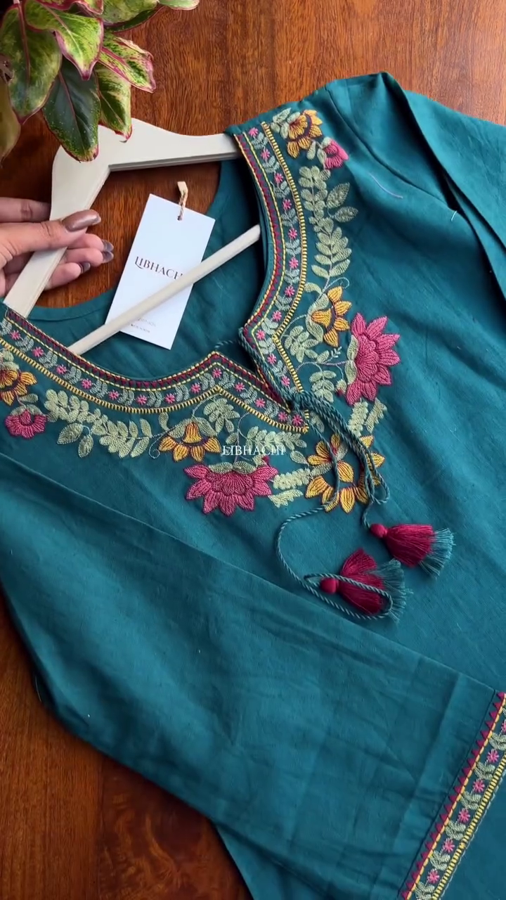 “Emerald Bloom Embroidered Kurta 🌿✨ | Handcrafted Floral Neckline Ethnic Wear”