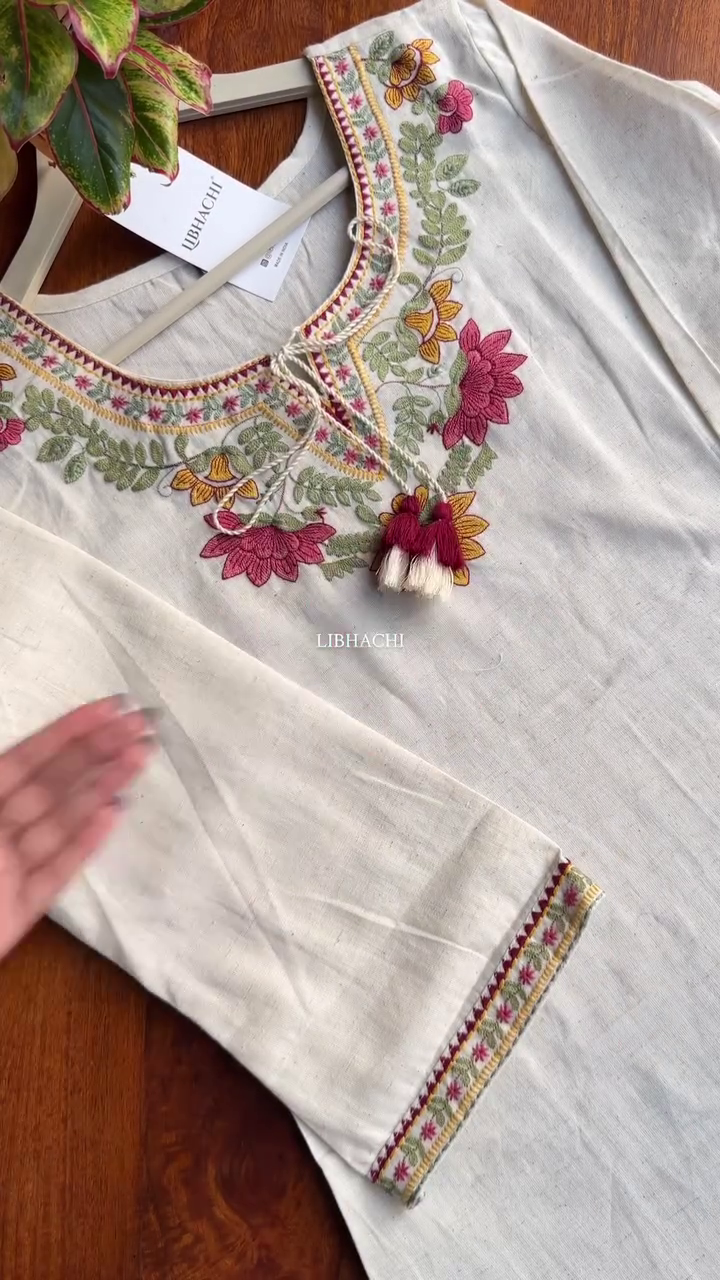 “Emerald Bloom Embroidered Kurta 🌿✨ | Handcrafted Floral Neckline Ethnic Wear”