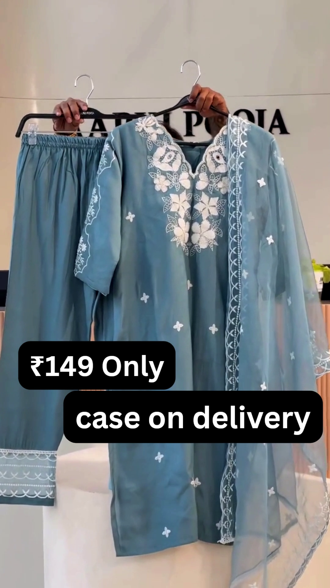 “Serene Sky Embroidered Suit Set 💙✨ | Elegant Kurta, Pants & Dupatta Ensemble”