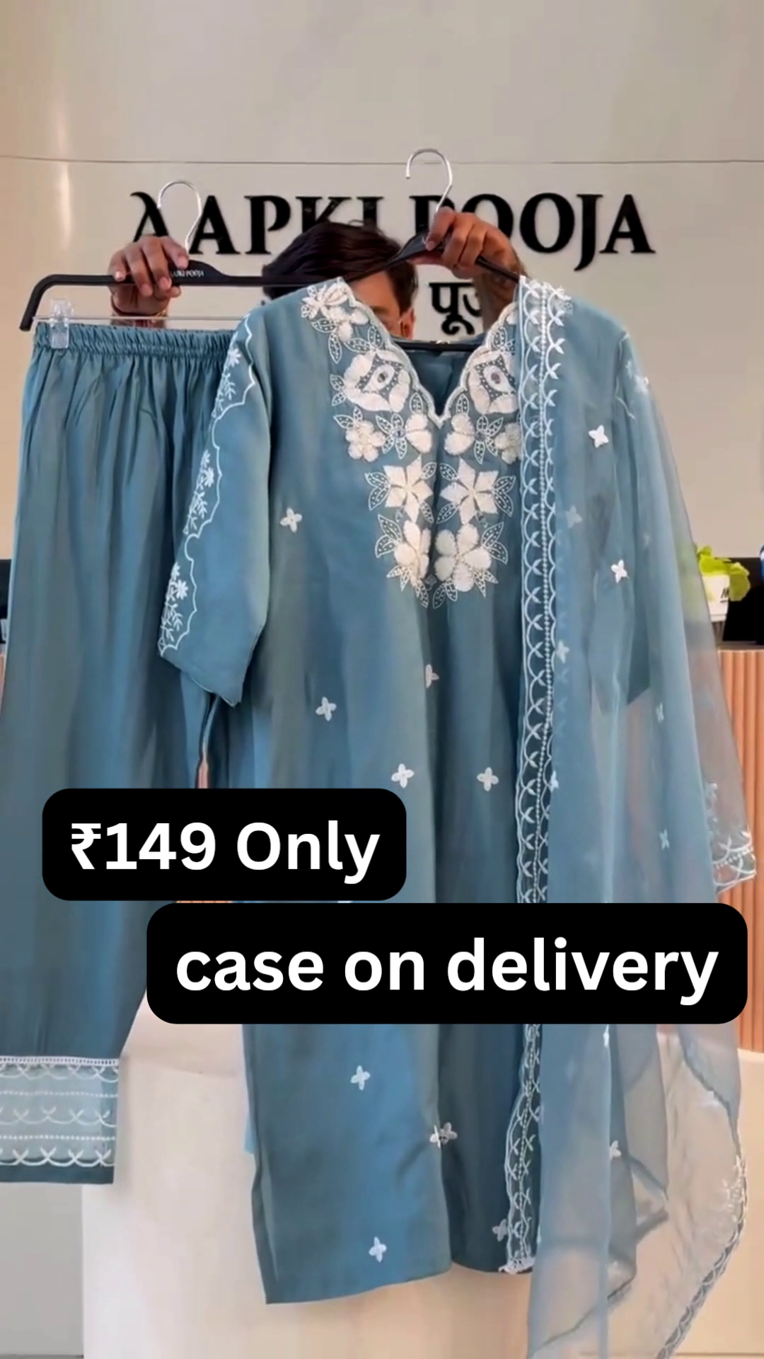 “Serene Sky Embroidered Suit Set 💙✨ | Elegant Kurta, Pants & Dupatta Ensemble”