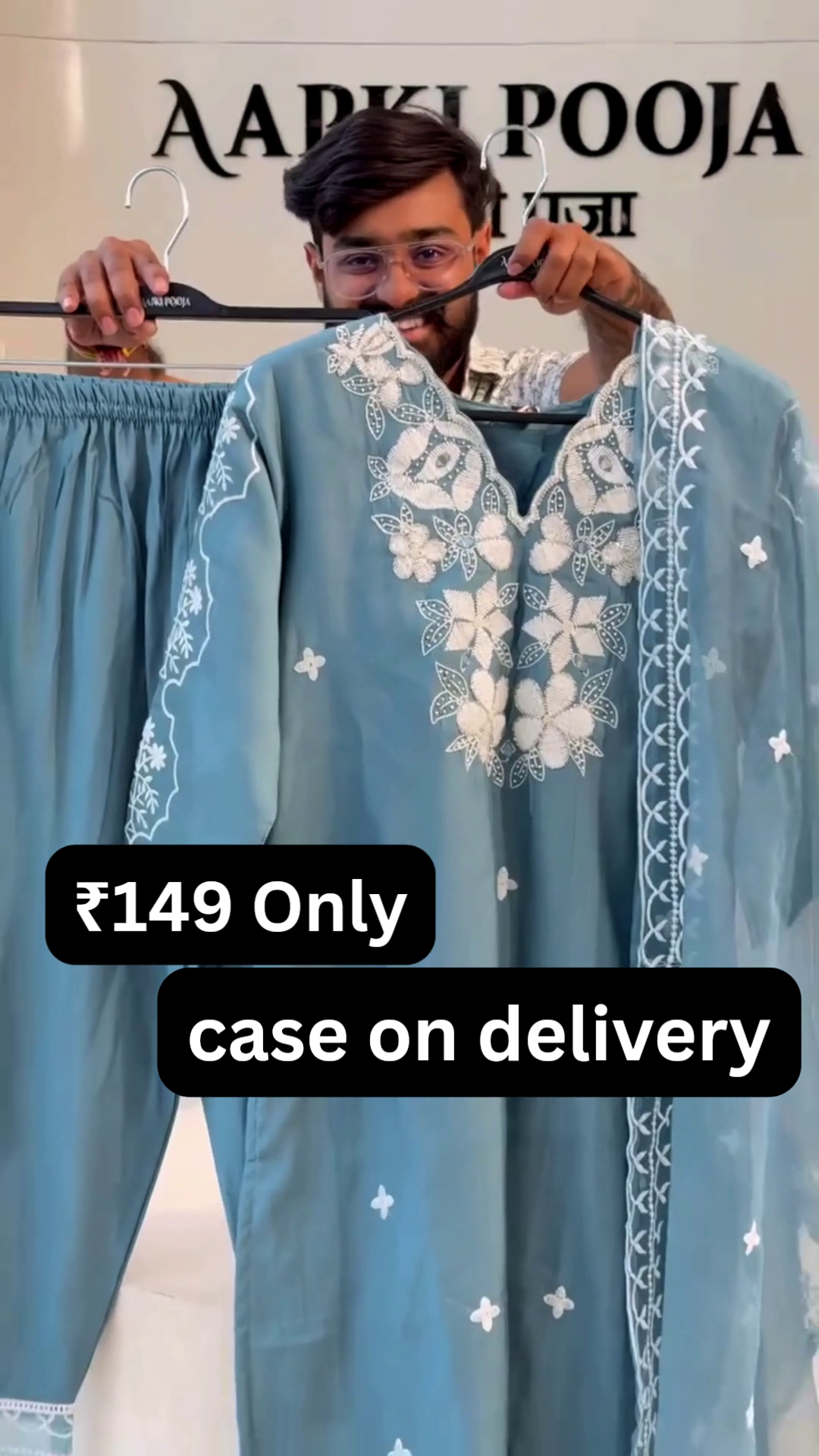 “Serene Sky Embroidered Suit Set 💙✨ | Elegant Kurta, Pants & Dupatta Ensemble”