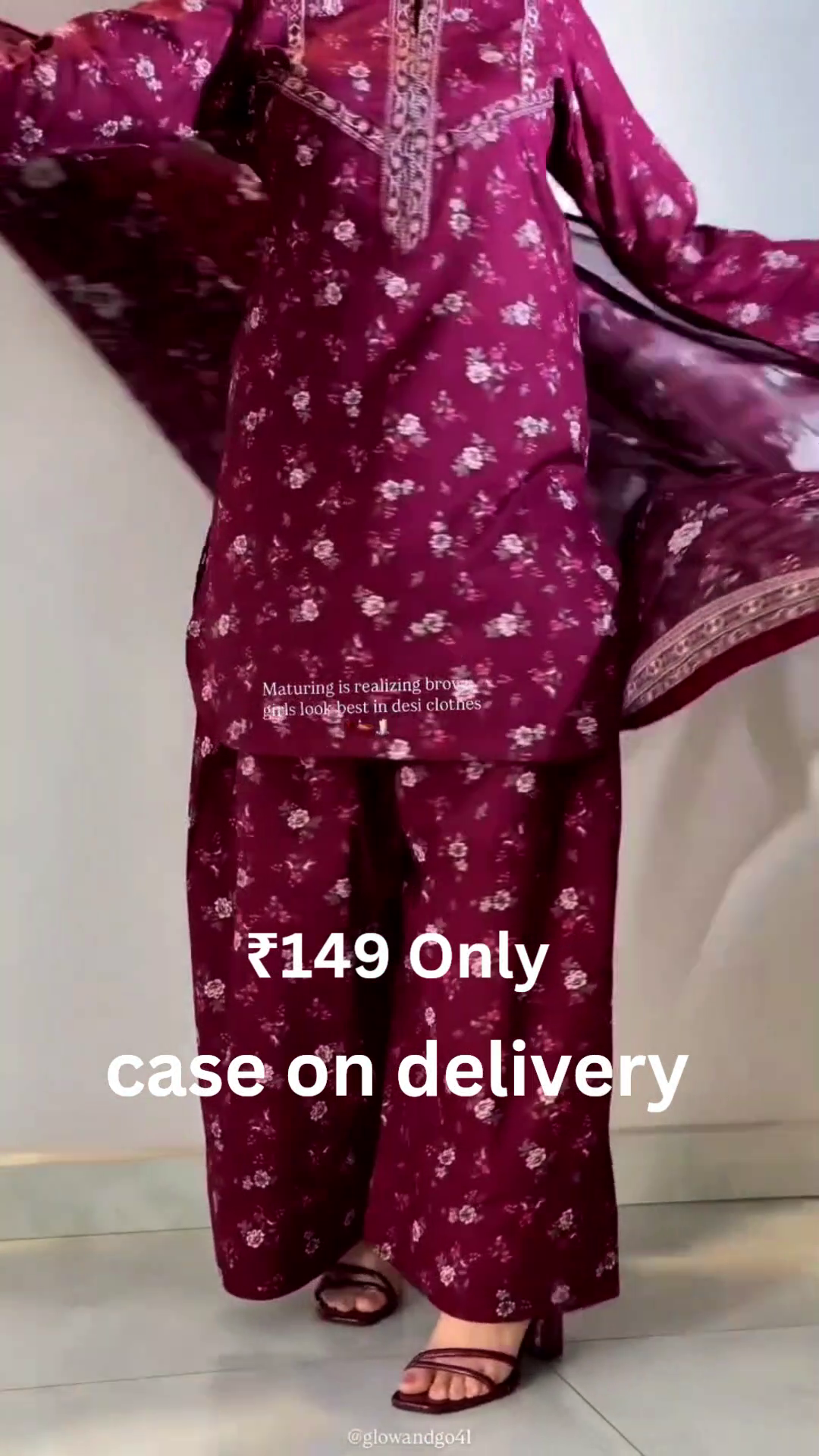 “Royal Wine Printed Suit Set ❤️🍷 | Elegant Kurta, Pants & Dupatta Ensemble”