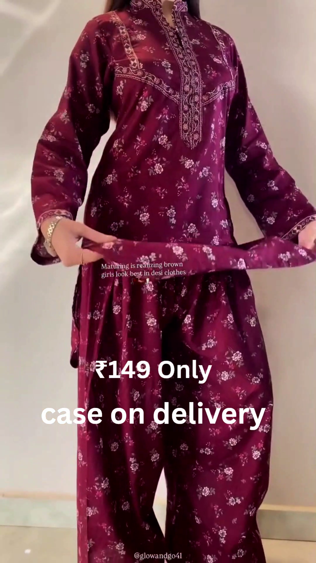 “Royal Wine Printed Suit Set ❤️🍷 | Elegant Kurta, Pants & Dupatta Ensemble”