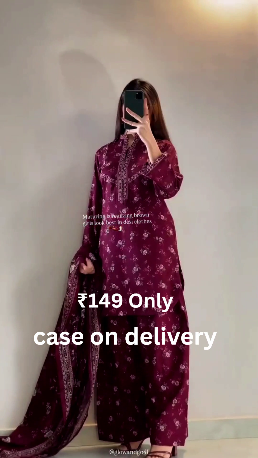“Royal Wine Printed Suit Set ❤️🍷 | Elegant Kurta, Pants & Dupatta Ensemble”