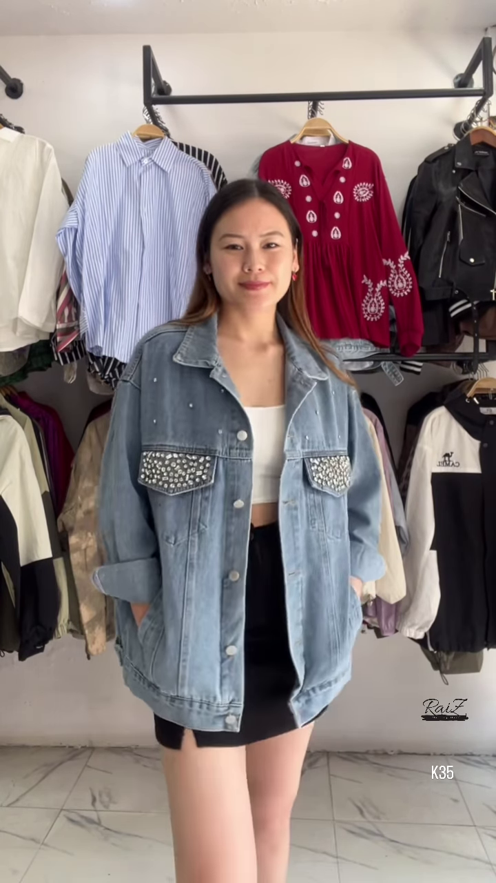 Embellished Oversized Denim Jacket – Edgy & Chic