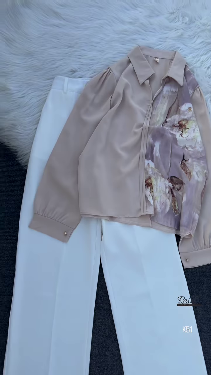 Elegant Floral Blouse & Wide-Leg Pants Set – Chic & Sophisticated - Image 3