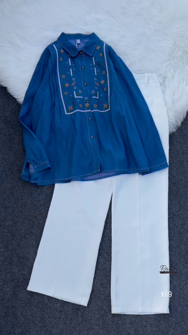 Embroidered Denim Shirt with White Wide-Leg Pants – Elegant & Stylish