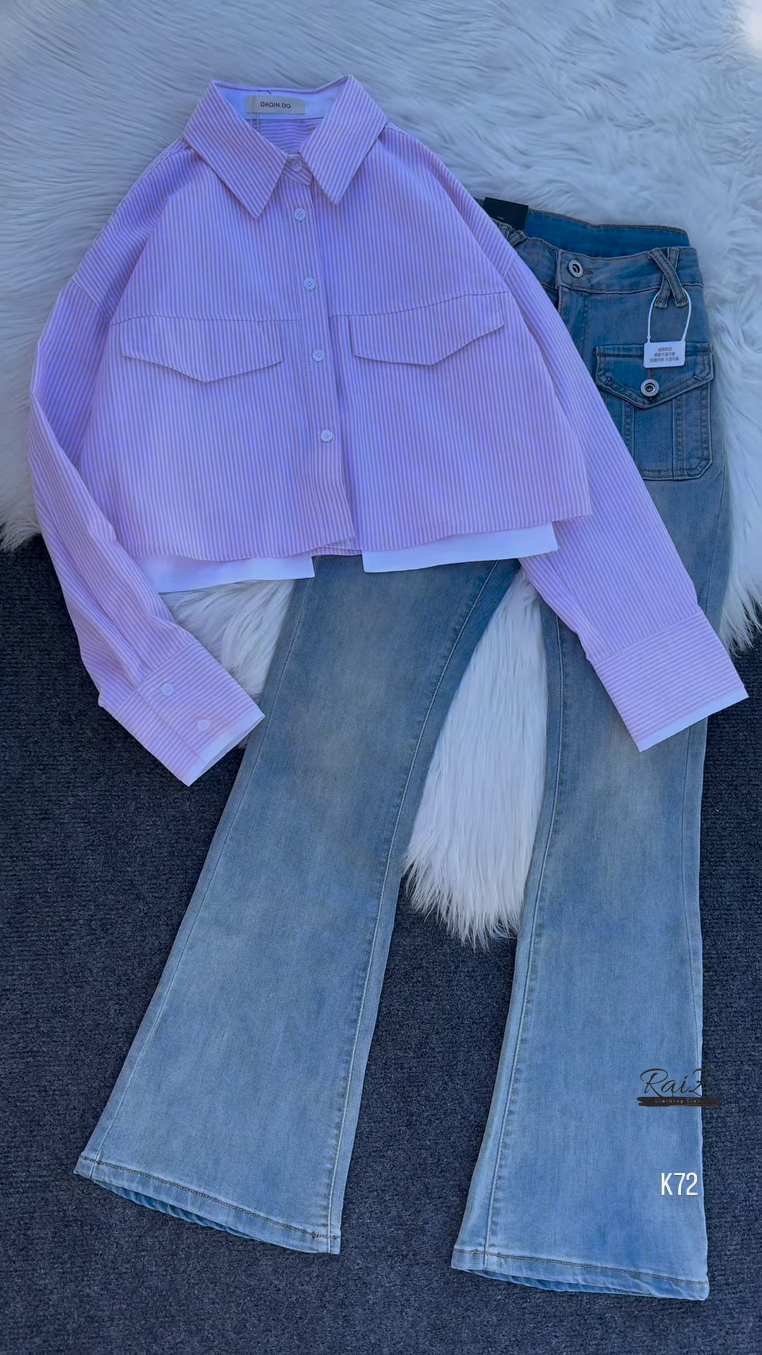 Striped Cropped Shirt with Flared Denim Jeans – Trendy & Chic - Image 2