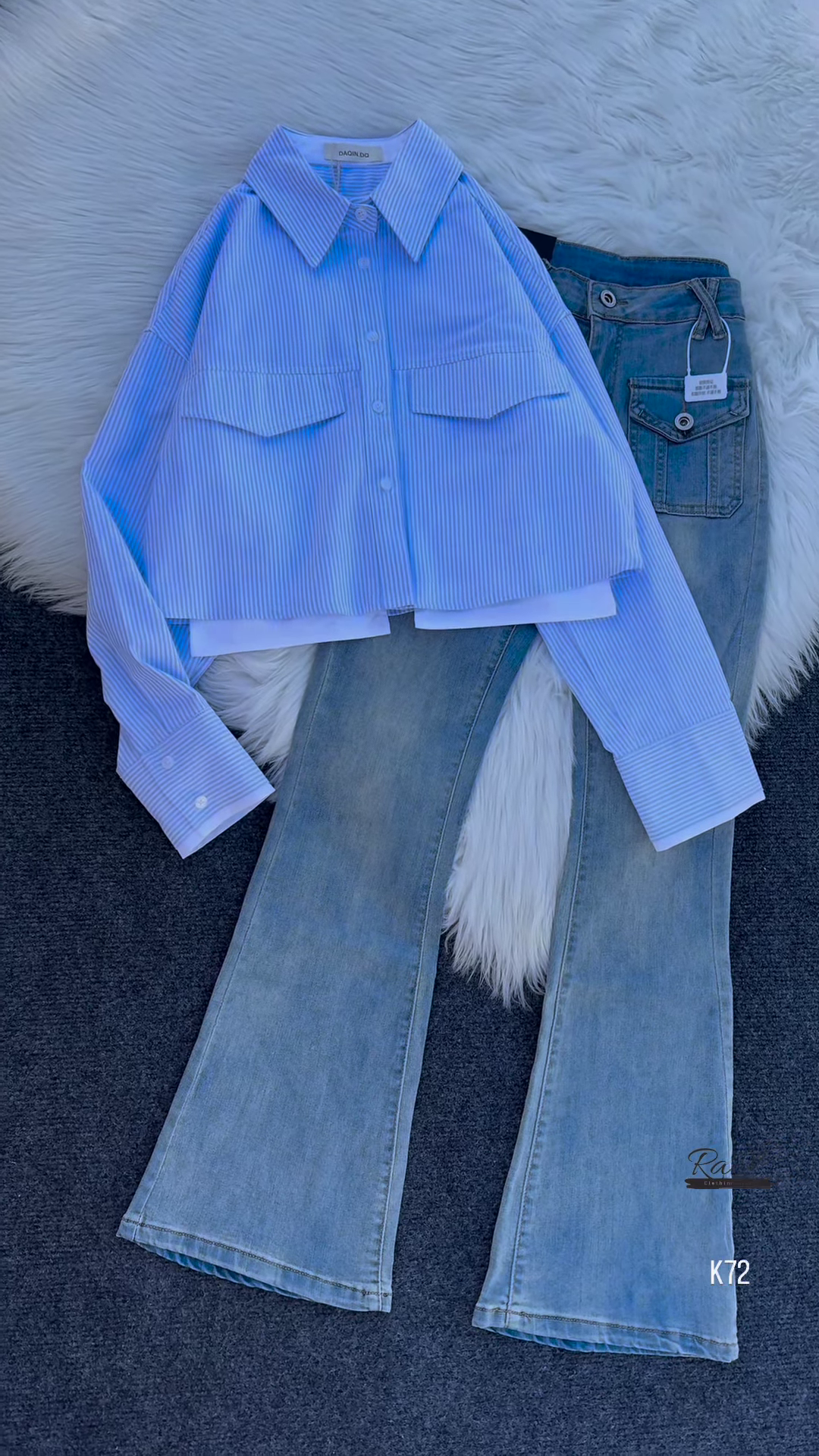 Striped Cropped Shirt with Flared Denim Jeans – Trendy & Chic