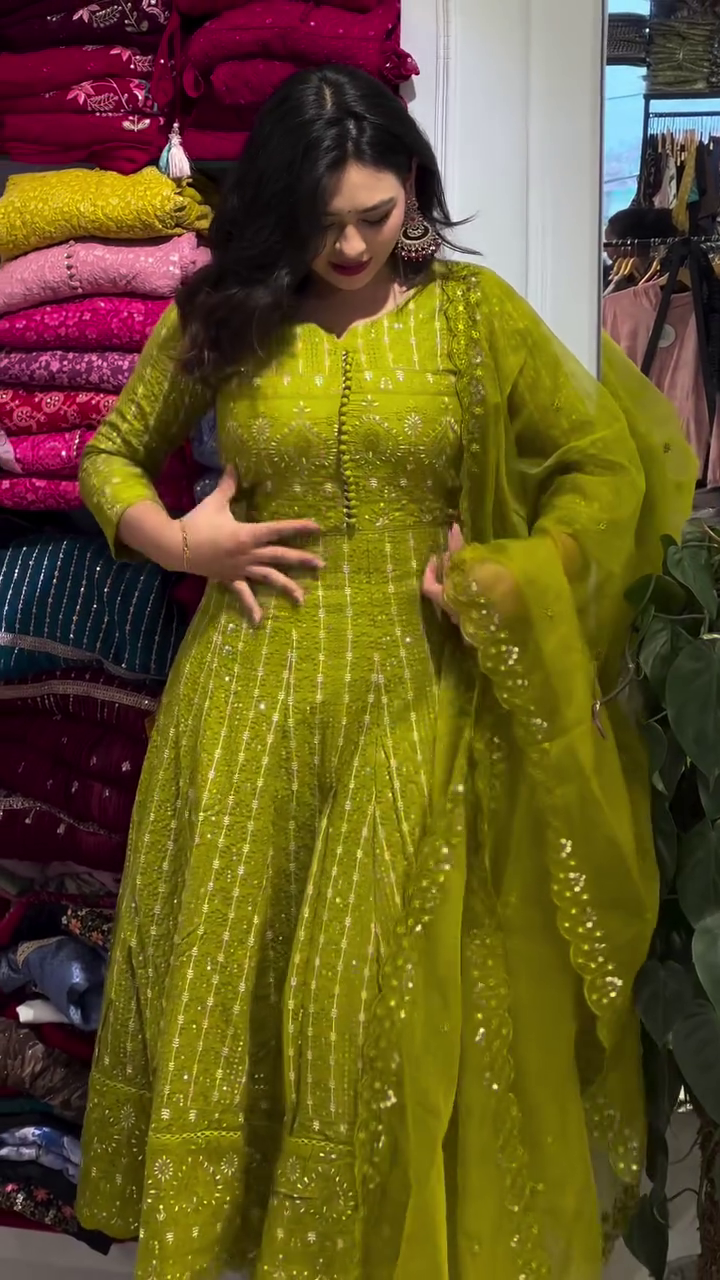 Cotton Anarkali Kurti with Heavy Kalidaar Embroidery, Embroidered Cotton Pant, Dupatta Set - Image 3