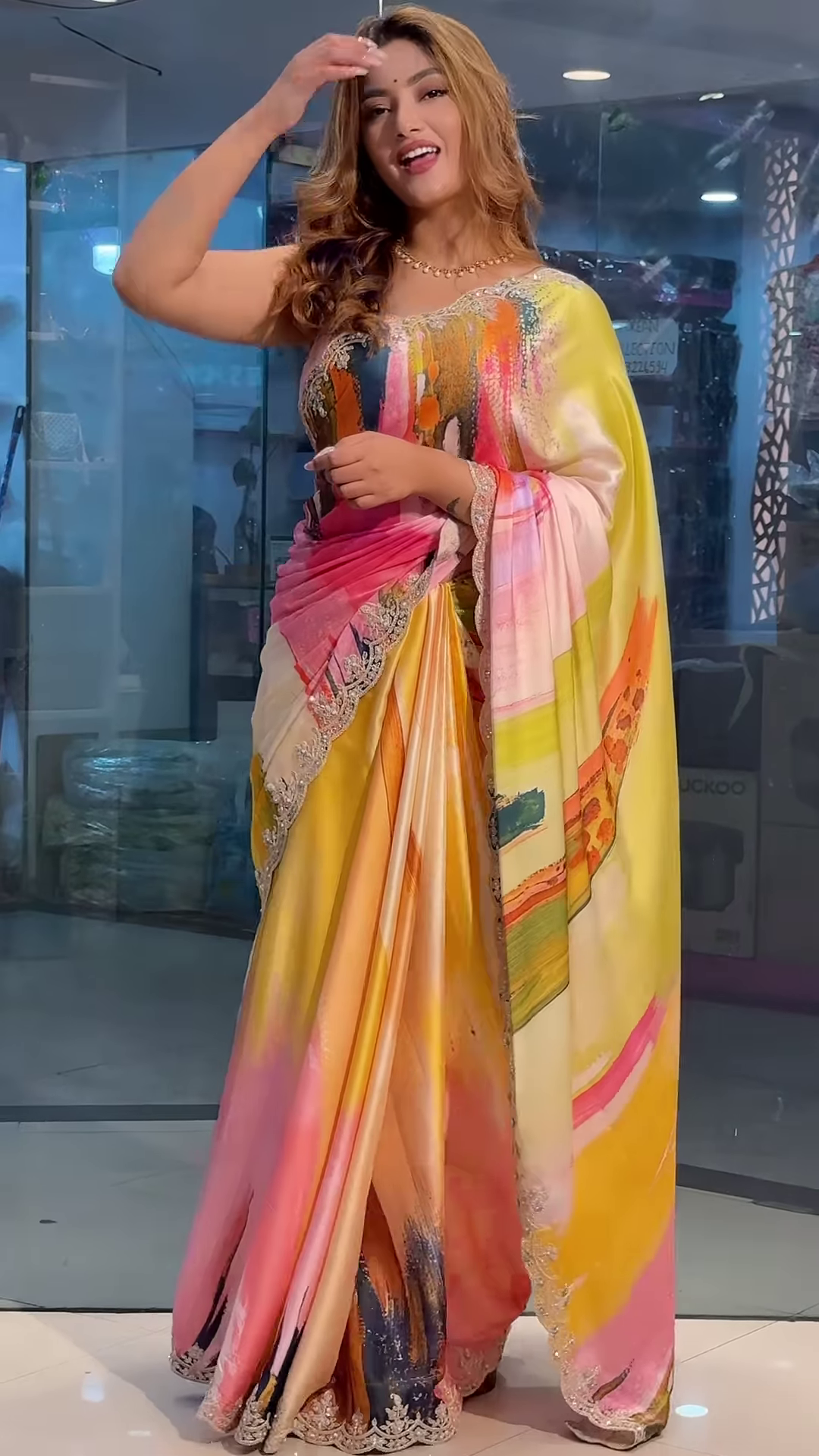 Yellow Tussar Saree With Handwork Floral Border - Image 6