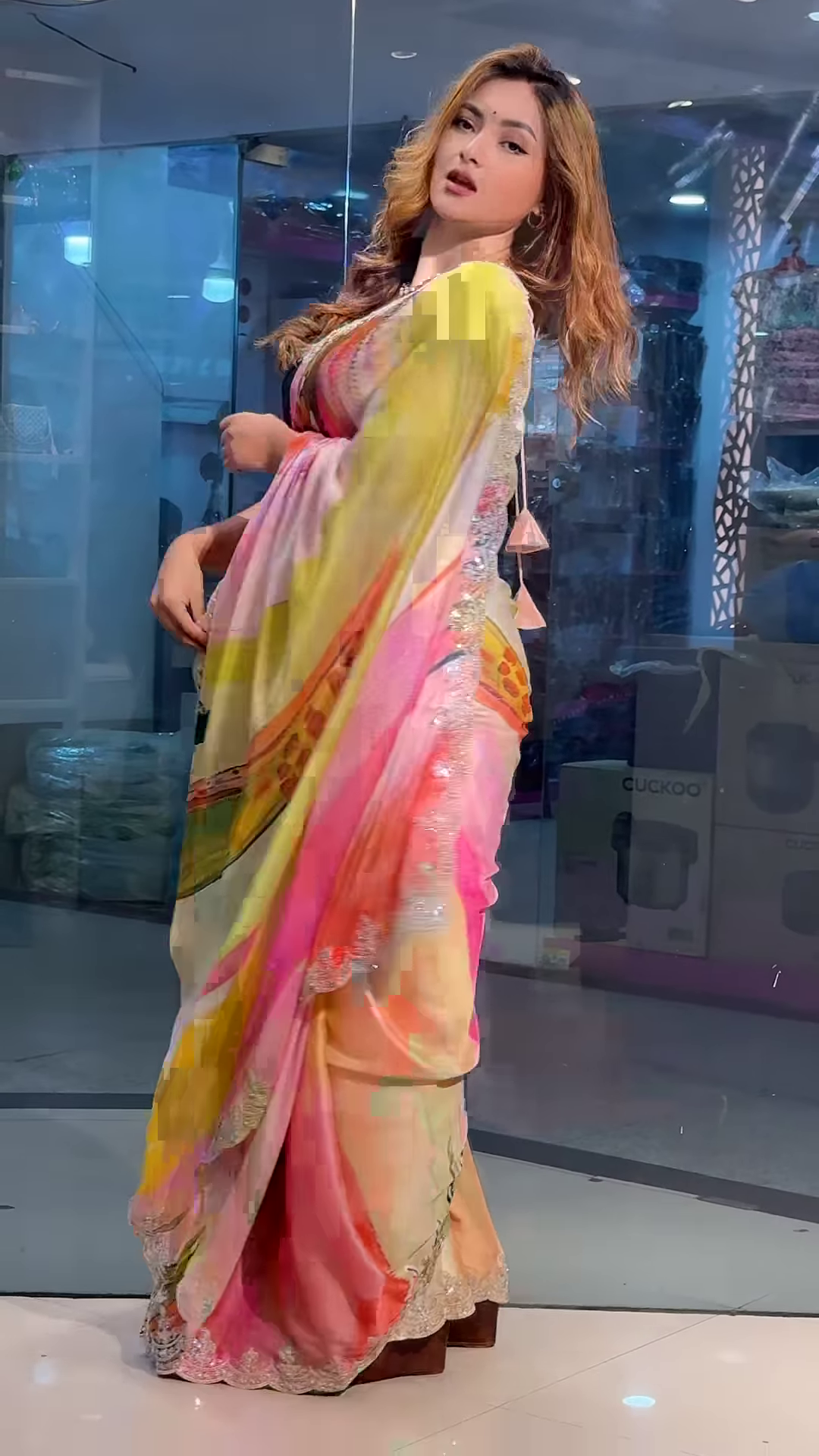 Yellow Tussar Saree With Handwork Floral Border - Image 5