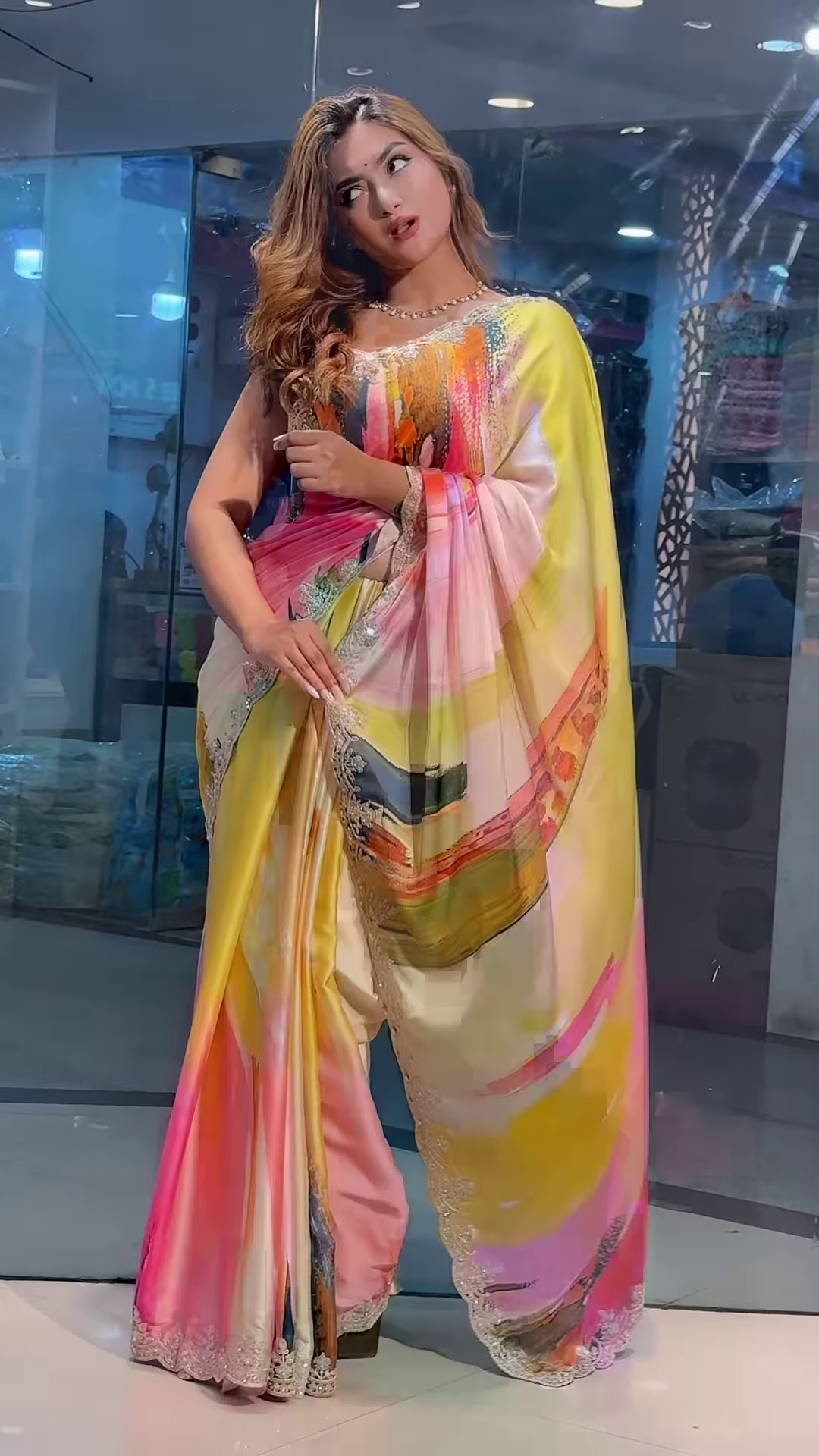 Yellow Tussar Saree With Handwork Floral Border - Image 4