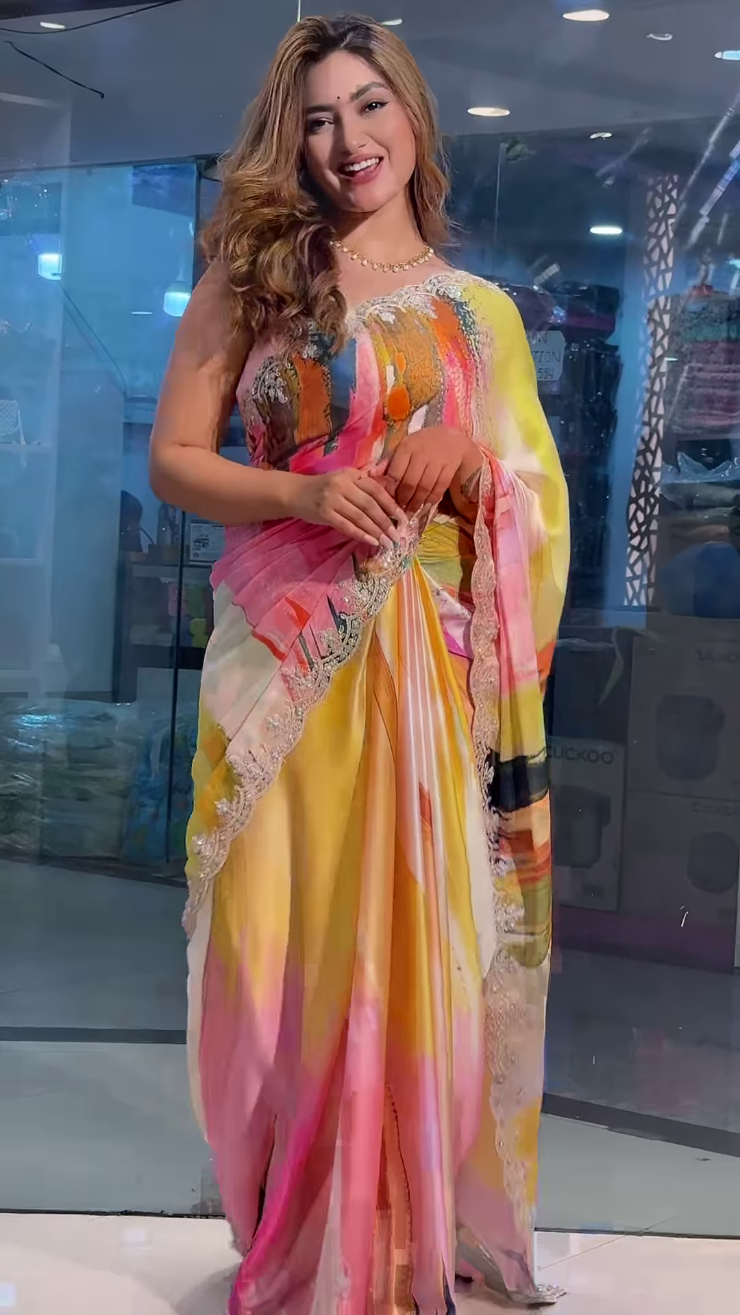 Yellow Tussar Saree With Handwork Floral Border - Image 3