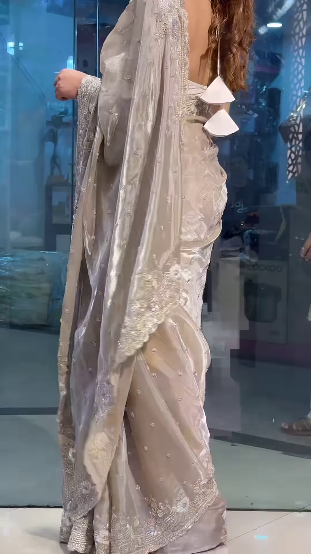 Party Modern Embroidered with Heavy Border Organza Brown Saree with Unstitched Blouse - Image 6