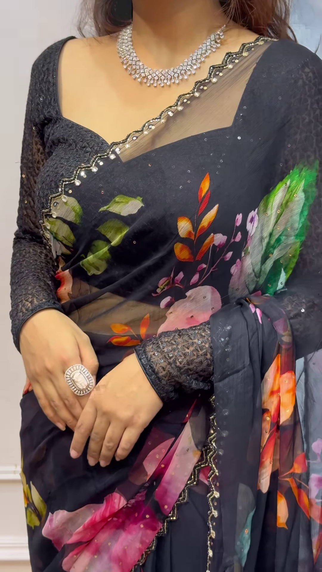 Black colour Shiffon Printed Saree with swaroski diamond work - Image 5