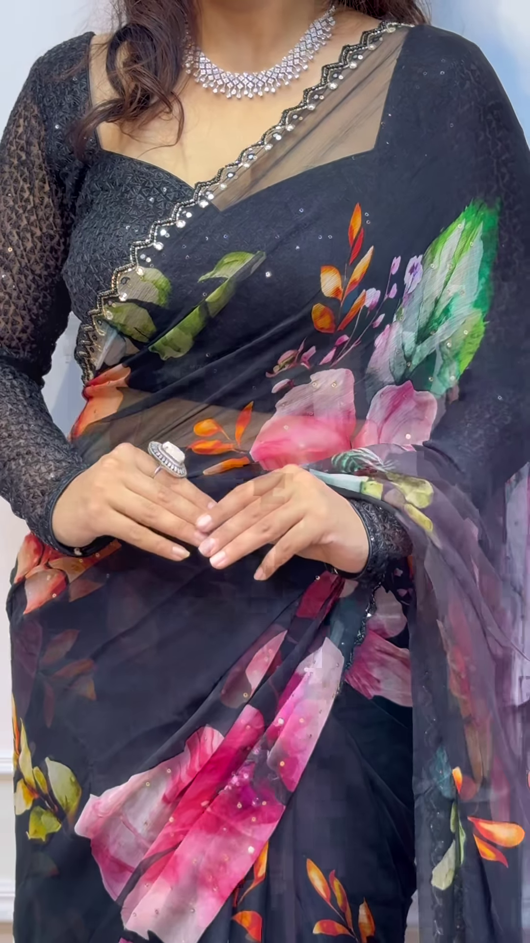 Black colour Shiffon Printed Saree with swaroski diamond work - Image 2