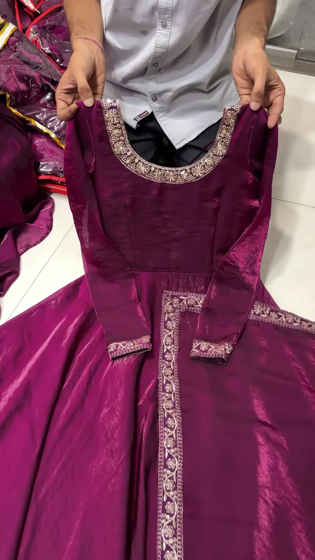 Regal Wine Anarkali Gown with Embellished Neckline – A Royal Statement