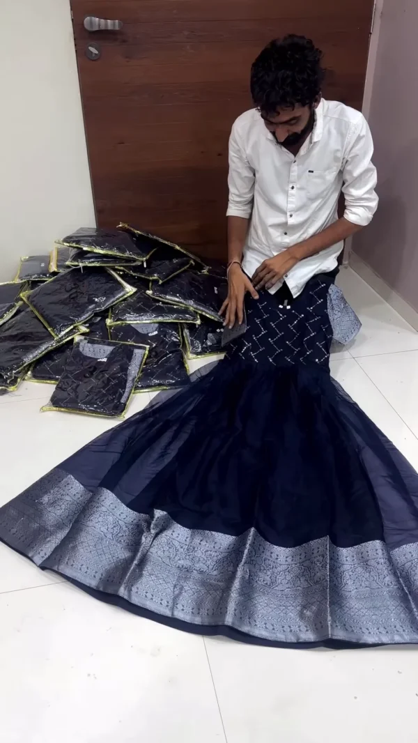 Navy Blue & Black Embroidered Gown – Elegant Partywear