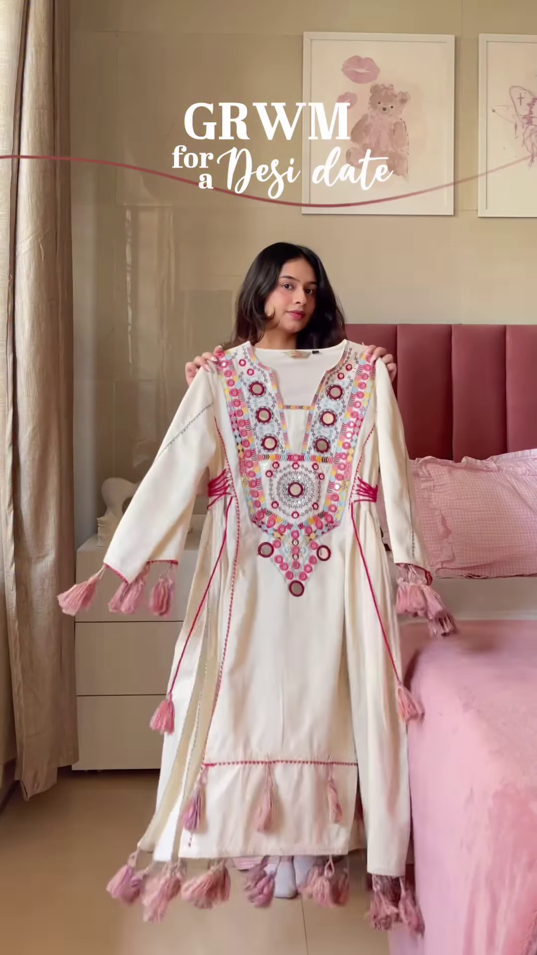 Cream-Colored Embroidered Traditional Dress with Colorful Circular Motifs and Pink Tassel Accents - Image 6