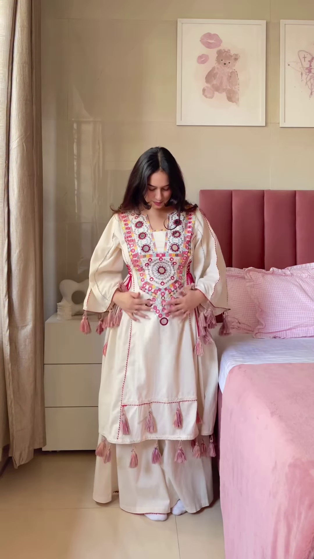 Cream-Colored Embroidered Traditional Dress with Colorful Circular Motifs and Pink Tassel Accents - Image 4