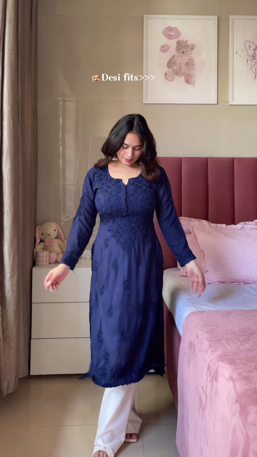 Dark Blue Embroidered Kurta with White Pants β Elegant Desi Outfit for Women - Image 5