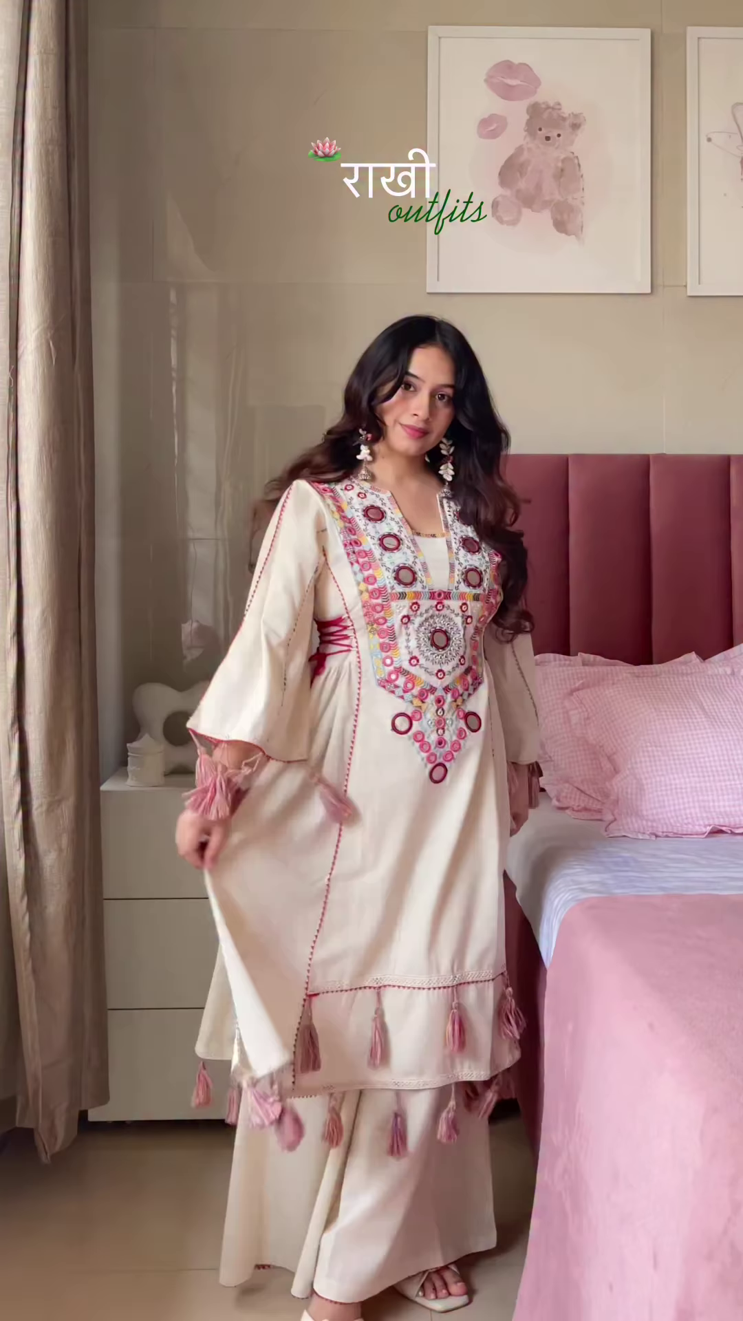 Shiny Pink Off-Shoulder Top & Skirt Set – Tassel-Trimmed Ethnic Partywear for Women - Image 7