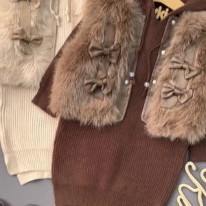 Winter Fashionable Girls Fur Vest Jacket Double Bowknot Korean Style Casual Solid Pattern Warm