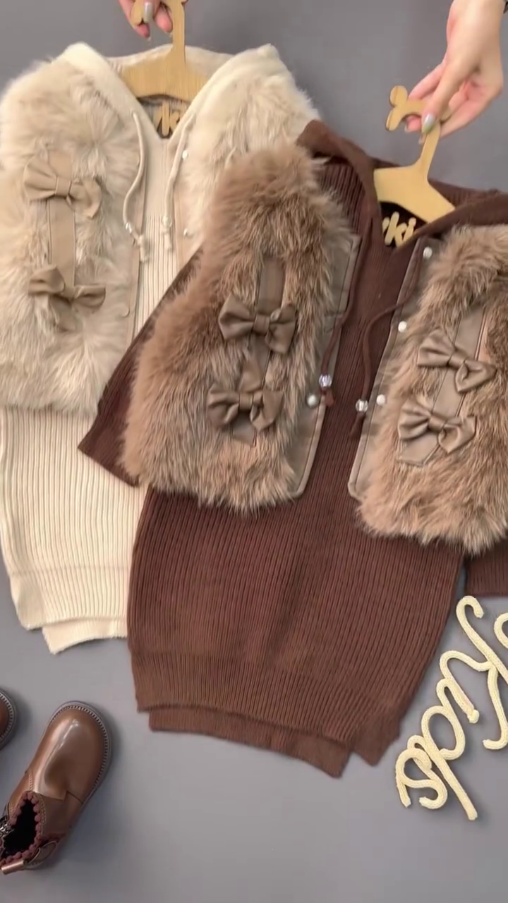 Winter Fashionable Girls Fur Vest Jacket Double Bowknot Korean Style Casual Solid Pattern Warm