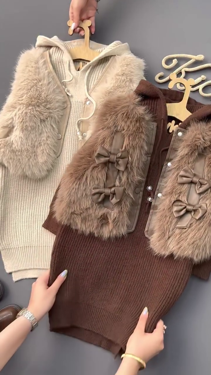 Winter Fashionable Girls Fur Vest Jacket Double Bowknot Korean Style Casual Solid Pattern Warm - Image 7
