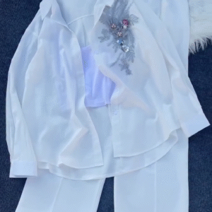 White Floral Embroidered Shirt with Tube Top & Pants