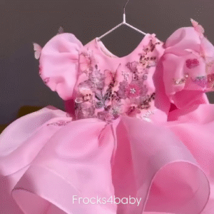 CLOTHERA Party Wear Pink Tulle Girls Frock with Puffy Sleeves & Satin Bow