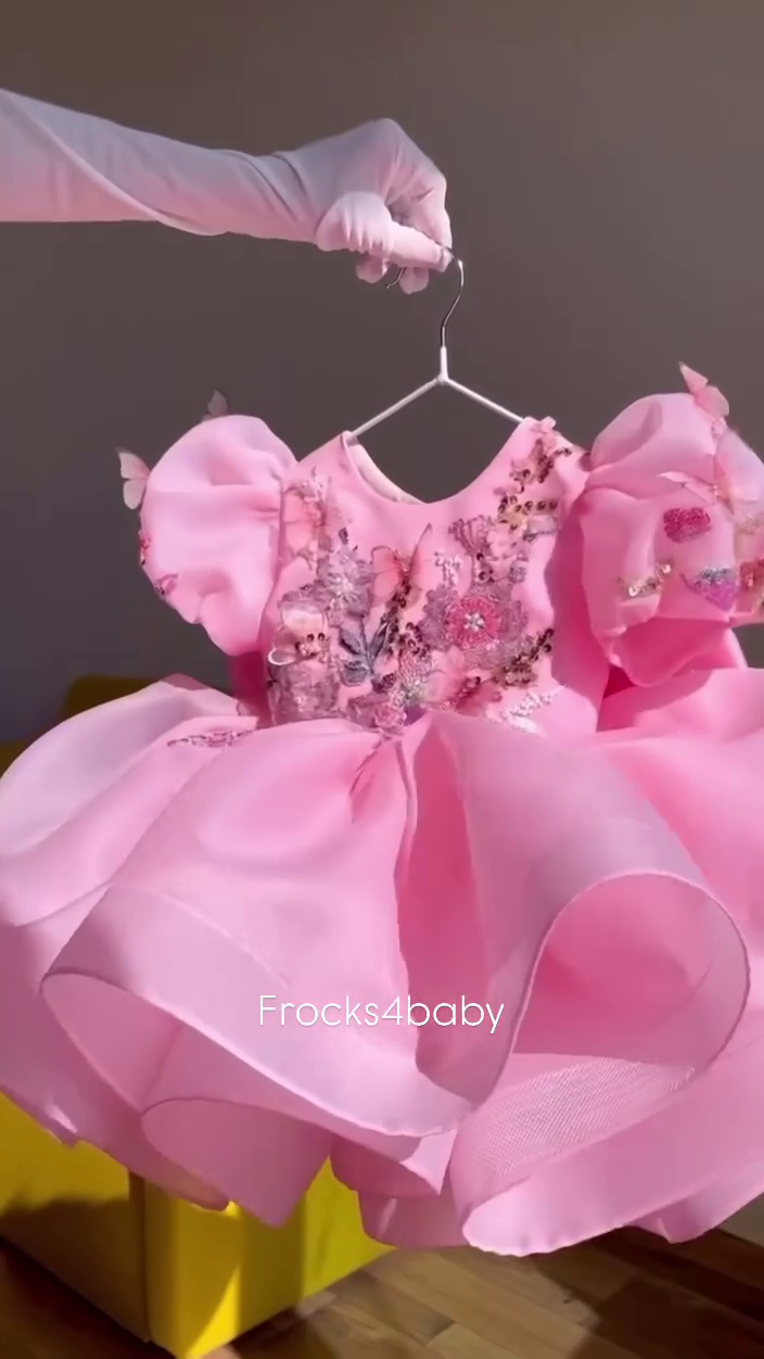 CLOTHERA Party Wear Pink Tulle Girls Frock with Puffy Sleeves & Satin Bow